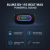 Bluks BX-193 Beat Max powerful sound speaker infographic. Shows black speaker with LED, battery, Bluetooth, frequency, and lightweight features.