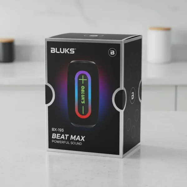 Bluks BX-193 Beat Max powerful sound speaker packaging. Black box displays speaker with vibrant RGB lights on a counter.