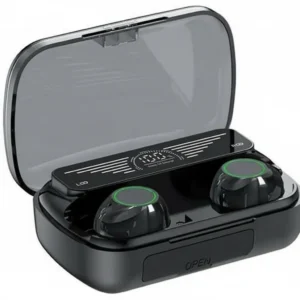 BQ10 wireless earbuds in an open black charging case with a digital battery display and green earbud accents.
