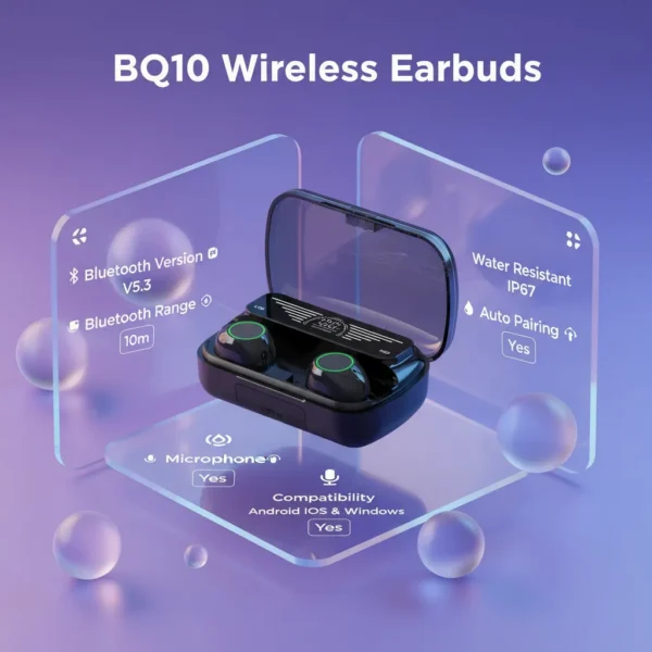 BQ10 wireless earbuds in an open black charging case with digital display, green accents, and glassmorphism feature panels showing specs.