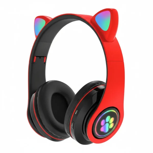 Red and black Cats Ear Wireless Headphones with glowing RGB cat ears and earcups featuring a rainbow paw print.