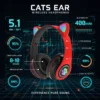 Red Cats Ear wireless headphones with colorful LED lights on an infographic marketing poster displaying product features.
