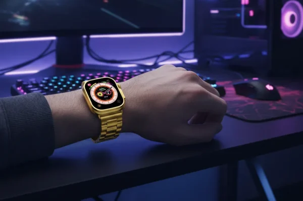 Person wearing gold Crown M60 Ultra 2 Smart Watch with metal strap at a gaming computer desk setup.