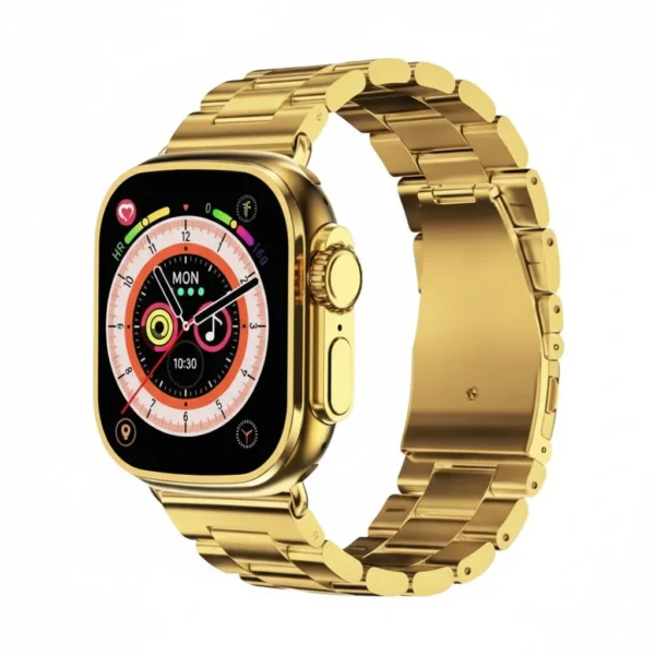 Crown M60 Ultra 2 gold smart watch with metallic link strap, displaying time, date, and HR on screen.