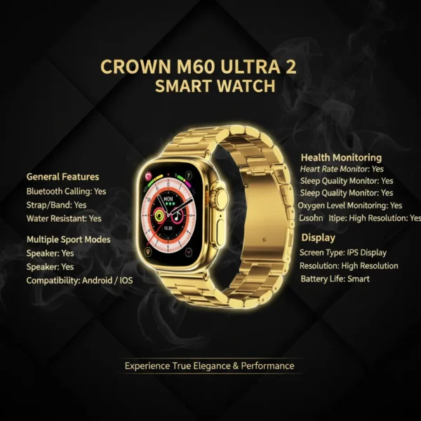 Elegant gold Crown M60 Ultra 2 Smart Watch with a metallic link band and illuminated display on a dark background.