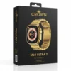Black retail box for Crown M60 Ultra 2 Smart Watch featuring a gold smartwatch with a metal strap.