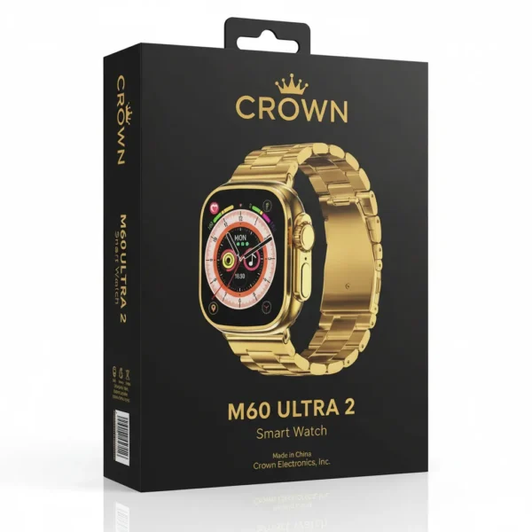 Black retail box for Crown M60 Ultra 2 Smart Watch featuring a gold smartwatch with a metal strap.