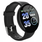 Black D18 Smart Watch with round display showing time, steps, and date, featuring a black silicone strap and silver buckle.
