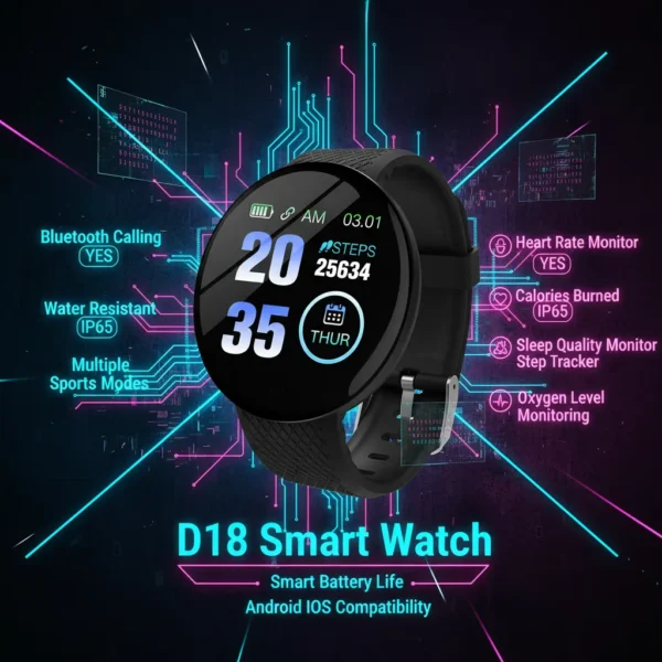 Black D18 Smart Watch displaying time and steps, surrounded by neon tech lines highlighting heart rate, Bluetooth, and water resistance.