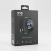 Black D18 Smart Watch retail packaging box with product image, features, and branding displayed.