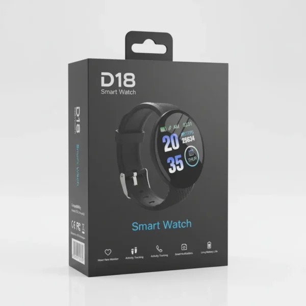 Black D18 Smart Watch retail packaging box with product image, features, and branding displayed.