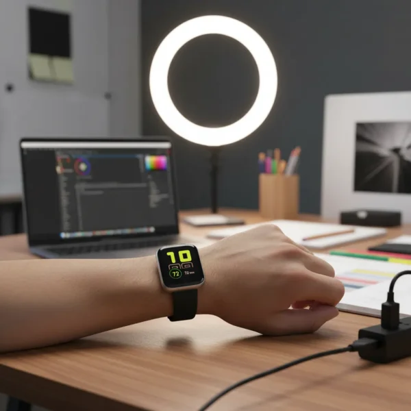 D20 Bluetooth Smart Band on wrist showing time, heart rate, steps at a desk with laptop and ring light.