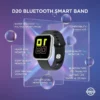 Black D20 Bluetooth Smart Band in a glassmorphism marketing poster displaying features like heart rate, sleep, and water resistance.