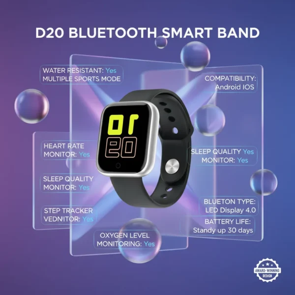 Black D20 Bluetooth Smart Band in a glassmorphism marketing poster displaying features like heart rate, sleep, and water resistance.