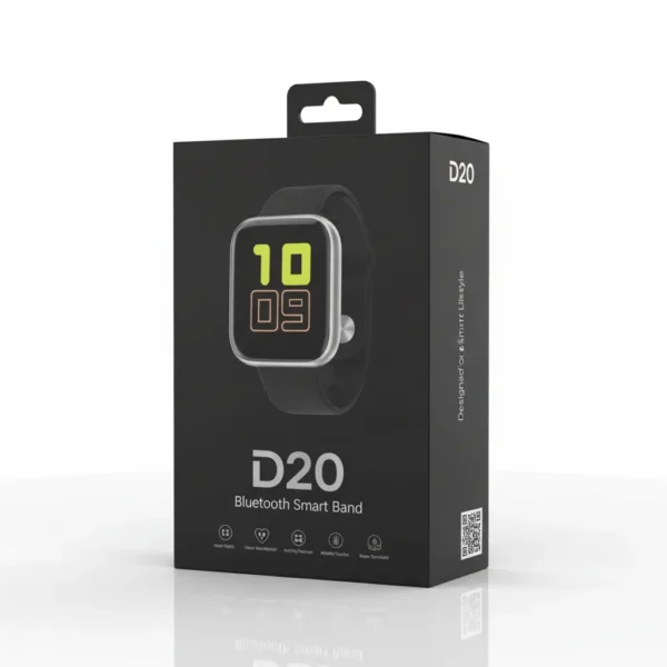 Black D20 Bluetooth Smart Band retail packaging with a silver-bezel smartwatch image, branding, and features displayed.