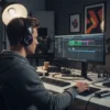 DDK 339 Wireless Bluetooth Headphones with RGB light worn by man using audio software at a desk.