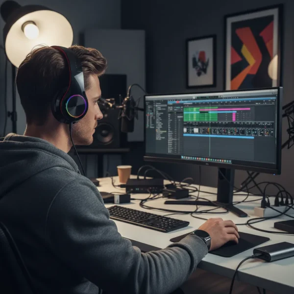 DDK 339 Wireless Bluetooth Headphones with RGB light worn by man using audio software at a desk.
