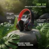 DDK 339 wireless Bluetooth headphones (black/red, RGB) on a rock with lush green plants and waterfall.