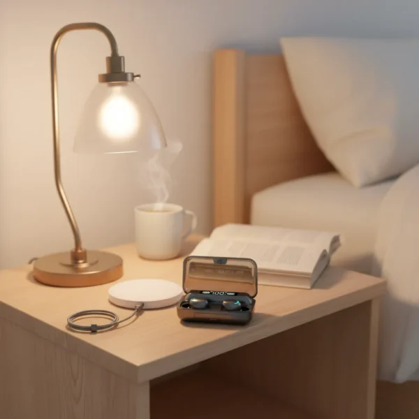 F9 Airdots Pro wireless Bluetooth earbuds in power bank case on bedside table with lamp, coffee, and charger.