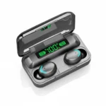 F9 Airdots Pro wireless earbuds in open charging power bank case, glowing and showing 100% digital display.