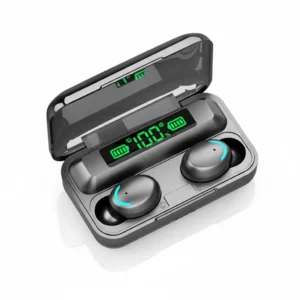 F9 Airdots Pro wireless earbuds in open charging power bank case, glowing and showing 100% digital display.