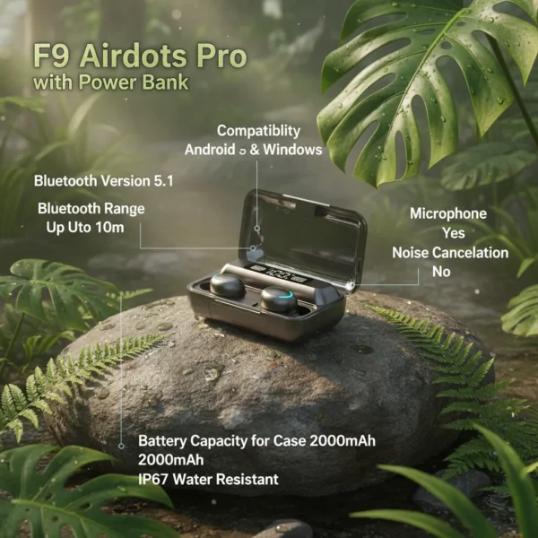 F9 Airdots Pro wireless earbuds and power bank case on wet rock, surrounded by lush green organic nature.