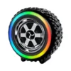 G2389 Mini Portable Wireless wheel speaker with rugged tire, chrome rim, and rainbow LED lights.