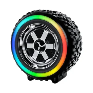 G2389 Mini Portable Wireless wheel speaker with rugged tire, chrome rim, and rainbow LED lights.
