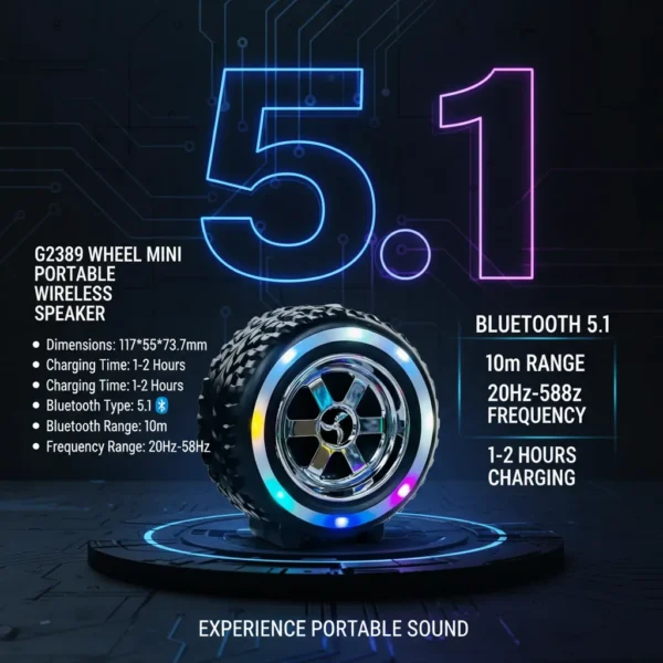 G2389 Wheel Mini portable wireless Bluetooth 5.1 speaker with colorful LED lights, displayed on an infographic.