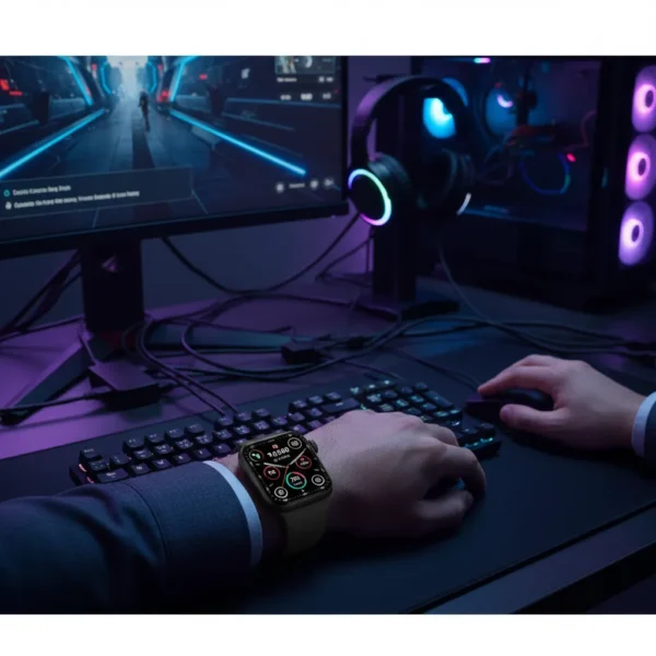 i10 Pro Max Series 9 Smart Watch on a user's wrist, displaying health stats, operating a mouse and keyboard.