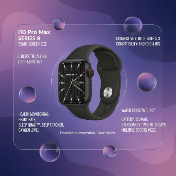 i10 Pro Max Series 9 Smart Watch on glassmorphism marketing poster, showing features and purple background with spheres.
