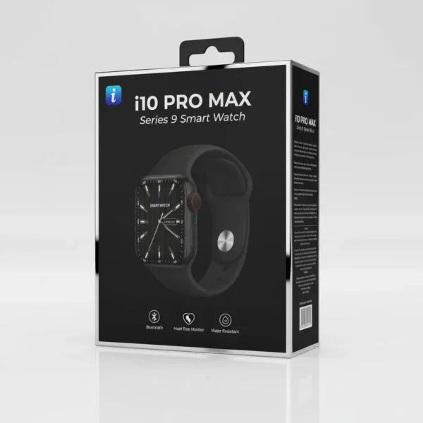 Black i10 PRO MAX Series 9 Smart Watch retail packaging showing watch image, Bluetooth, heart rate monitor, water resistant features.