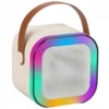 Beige K12 Portable Bluetooth Children Speaker with vibrant rainbow LED light ring and brown handle.
