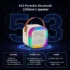 K12 children's portable Bluetooth speaker with colorful LED lights, brown handle, and feature, connectivity, power infographic.