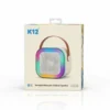 K12 portable Bluetooth children's speaker packaging showing a white speaker with rainbow LED lights and handle.