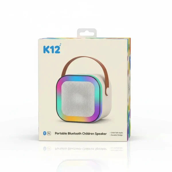 K12 portable Bluetooth children's speaker packaging showing a white speaker with rainbow LED lights and handle.