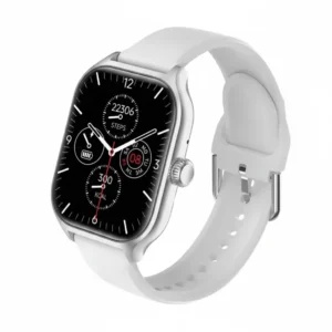White L16 Smart Watch with rectangular display showing steps, calories, and heart rate. Features white silicone strap and silver casing.