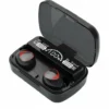 Black M10 TWS wireless earbuds in open charging case with digital display showing 100% battery.