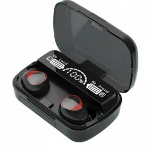 Black M10 TWS wireless earbuds in open charging case with digital display showing 100% battery.