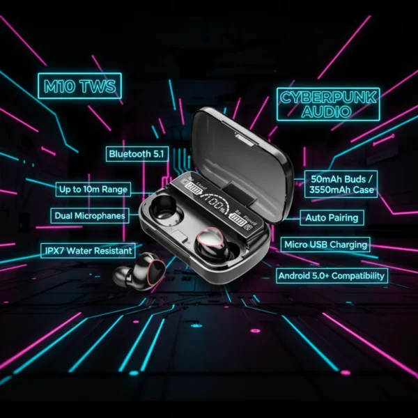 Black M10 TWS wireless Bluetooth earbuds and open charging case with feature callouts on a cyberpunk neon marketing poster.