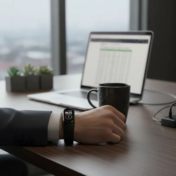 Man wearing M4 LED Sports Watch Smart Band at office desk with laptop, showing time and health stats.