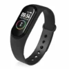 Black M4 LED smart band fitness tracker showing digital time, date, battery, and step count on its display.