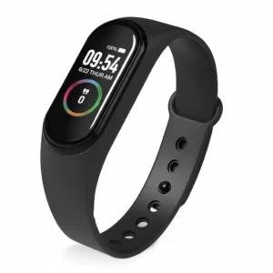 Black M4 LED smart band fitness tracker showing digital time, date, battery, and step count on its display.