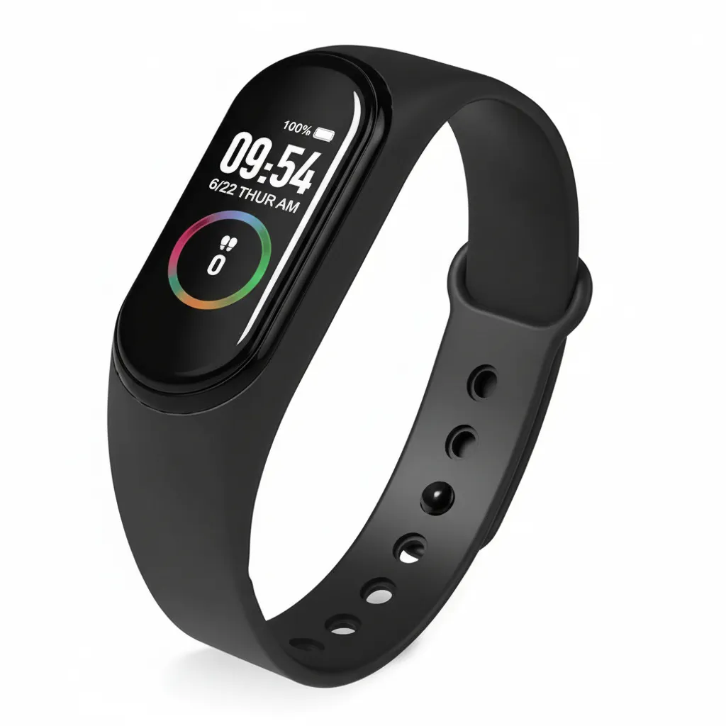 Black M4 LED smart band fitness tracker showing digital time, date, battery, and step count on its display.