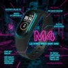 M4 LED Sports Watch Smart Band, black, displaying time, battery, features, and specs in neon cyberpunk style.