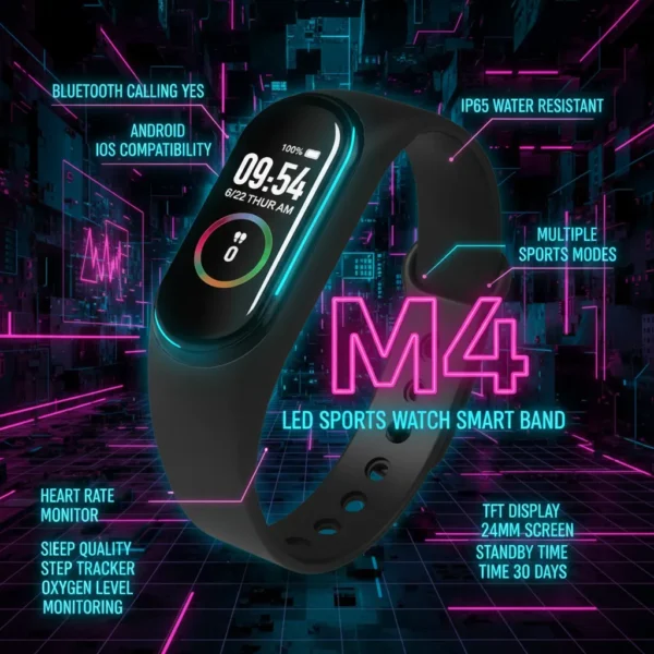 M4 LED Sports Watch Smart Band, black, displaying time, battery, features, and specs in neon cyberpunk style.
