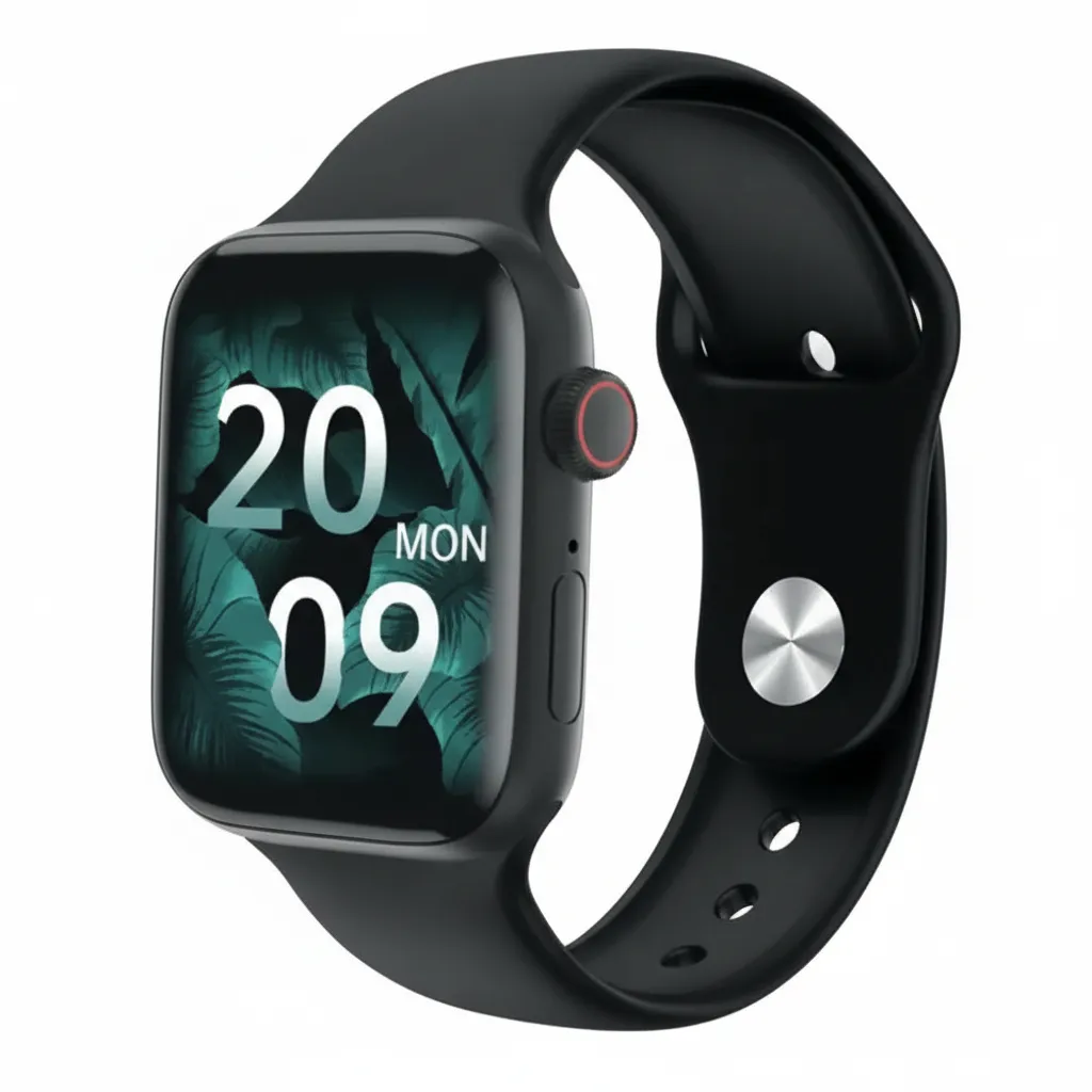 Black M7 Pro Smart Watch with time display, black strap, and silver buckle. Features voice assistant, IP68 water resistance.