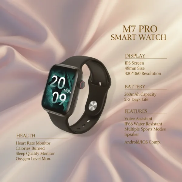 Black M7 Pro Smart Watch with tropical screen and red button, on luxurious silk, showing features and specs.