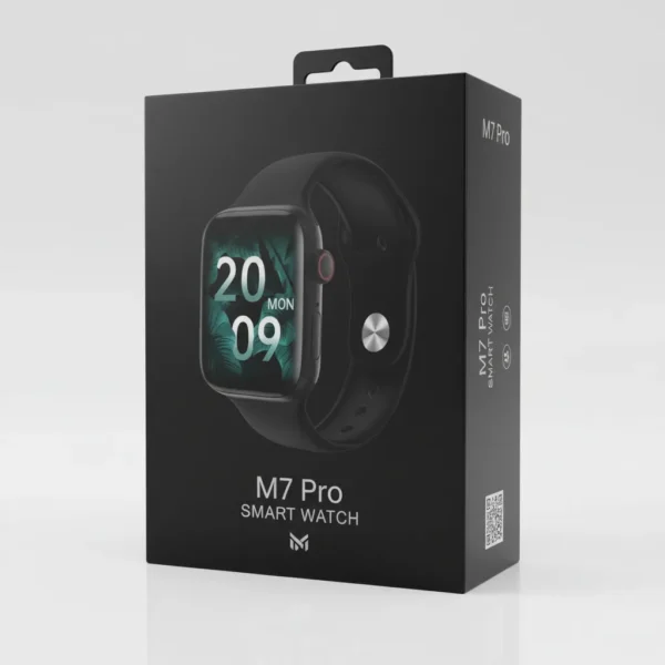 Black M7 Pro Smart Watch retail box, showing the watch with black band and digital time display.