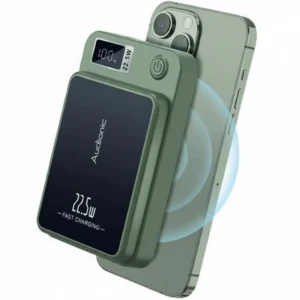 Green Audionic Magneto 10000mAh power bank magnetically attached to a smartphone, showing 100% and 22.5W fast wireless charging.